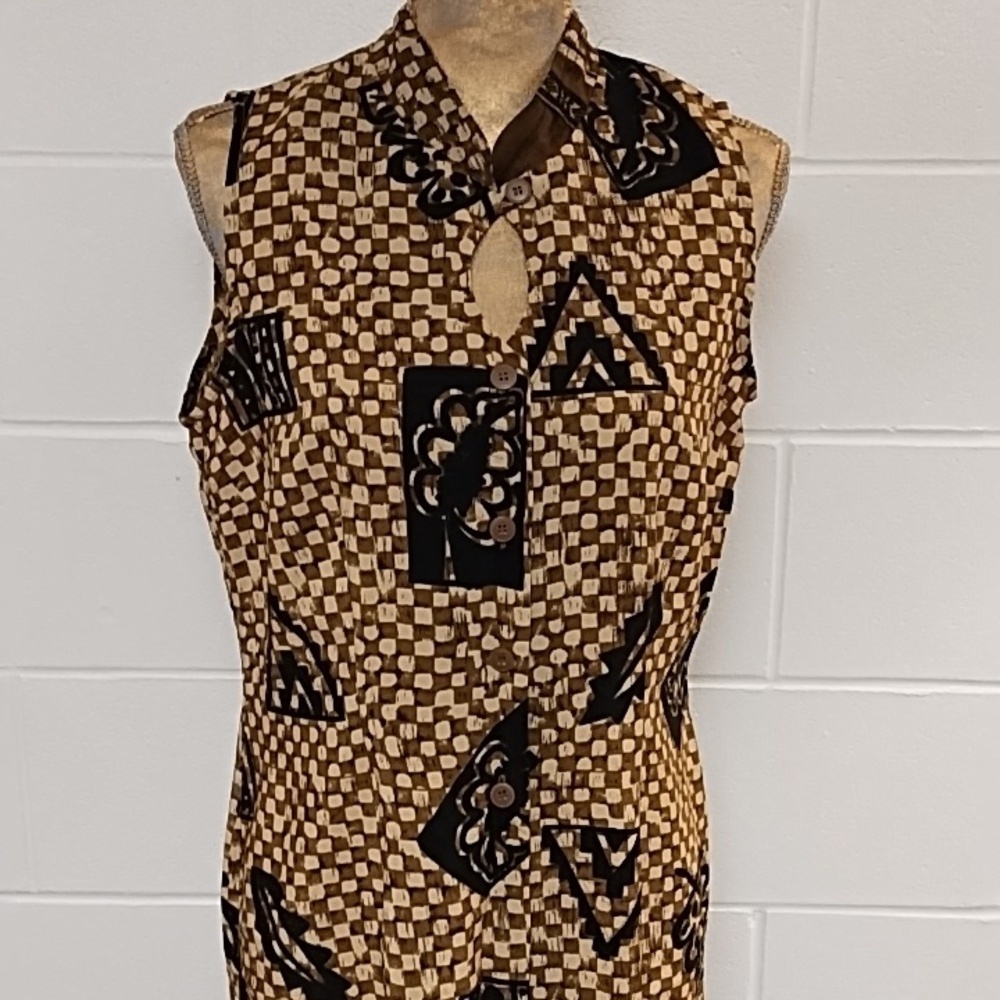 Olivia Rose 12 Button Down Print Shirt Dress Mandarin Collar Keyhole Border EUC